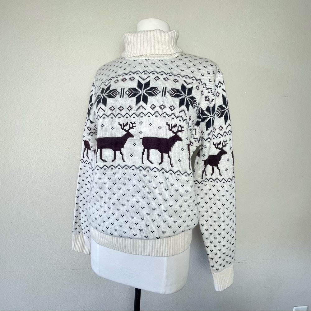 SoulStar Reindeer Sweater | Turtle Neck Long Sleeve Cream Knit Jumper | M